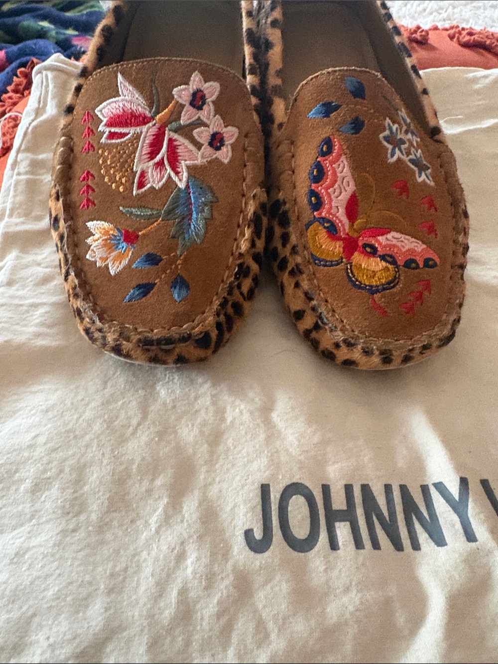 Johnny Was Leopard-Trim Embroidered Suede Flats in Brown with Multicolor Floral - Picture 2 of 6